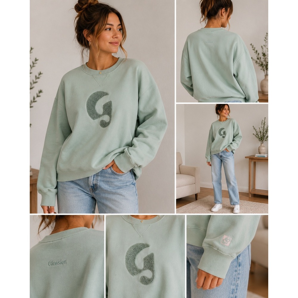 Glossier Sage Green Crewneck Sweatshirt Chenille G Logo Pullover Medium